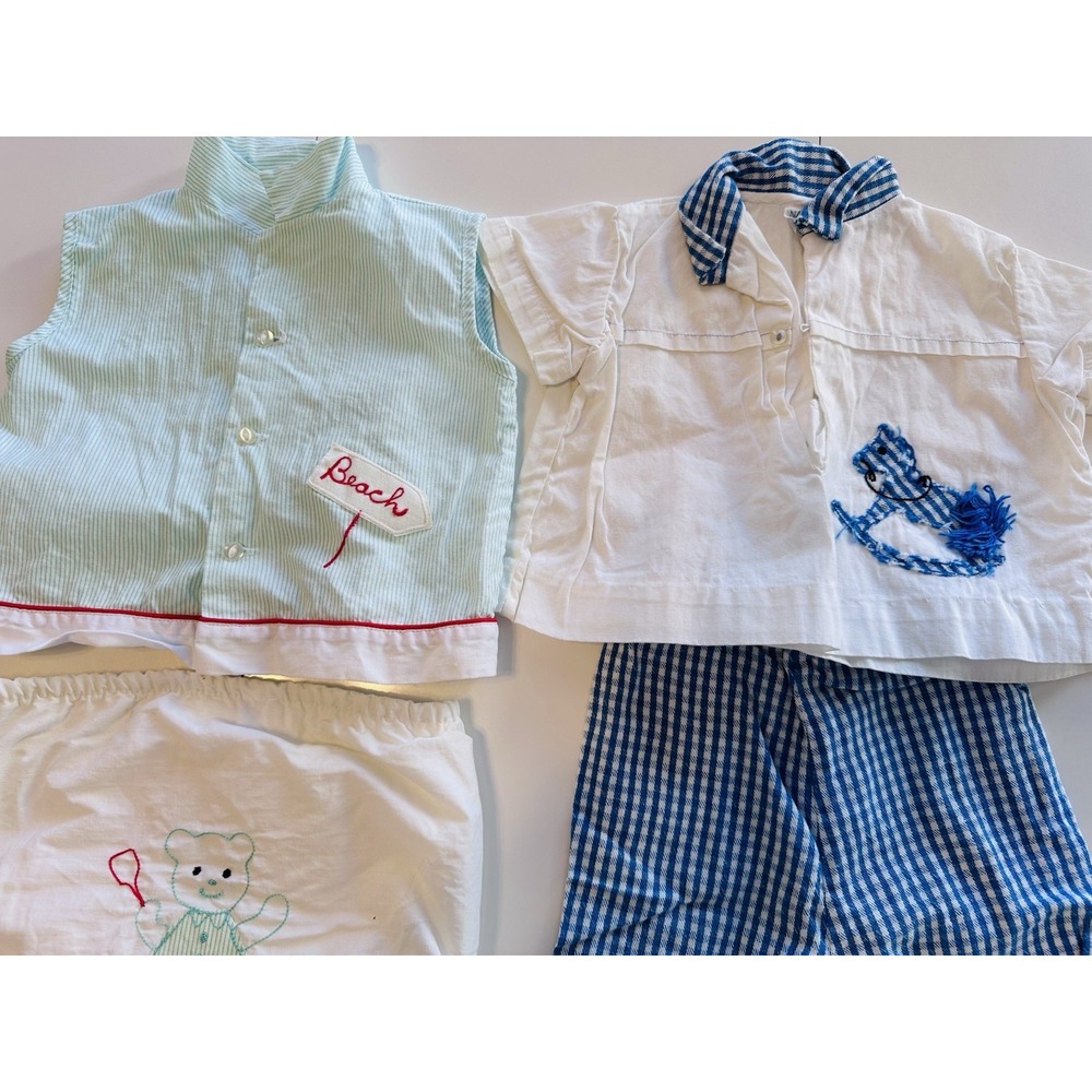 VTG Nannette Baby Outfit Lot Beach Set Sailor Rocking Horse Gingham USA 9-12